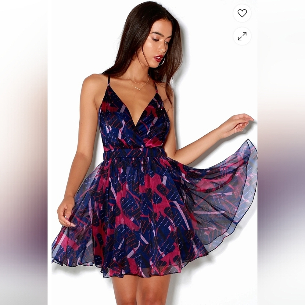 Lulus  Navy Blue Pink Mini V Neck Dress Chiffon Open Back Summer Sleeveless